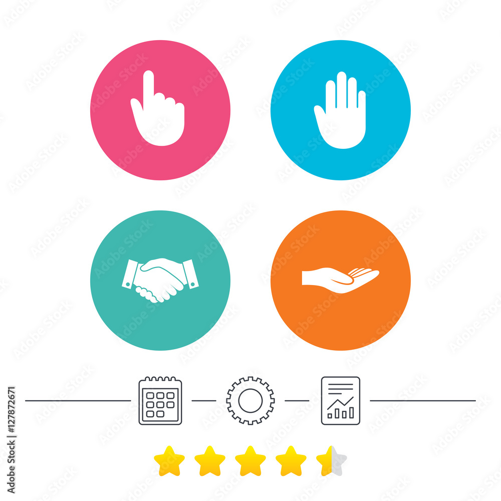 Hand icons. Handshake successful business symbol. Click here press sign. Human helping donation hand. Calendar, cogwheel and report linear icons. Star vote ranking. Vector Hand icons. Handshake successful business symbol. Click here press sign. Human helping donation hand. Calendar, cogwheel and report linear icons. Star vote ranking. Vector