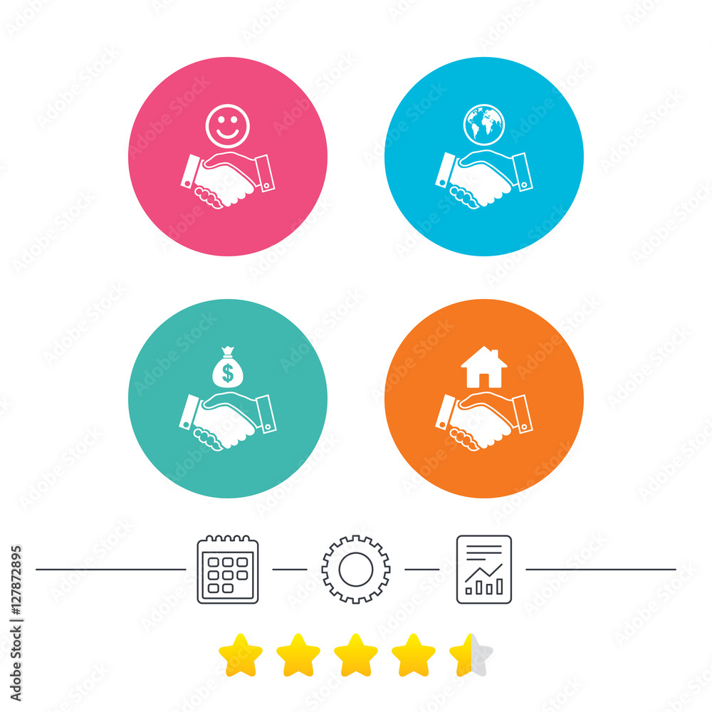 Handshake icons. World, Smile happy face and house building symbol. Dollar cash money bag. Amicable agreement. Calendar, cogwheel and report linear icons. Star vote ranking. Vector Handshake icons. World, Smile happy face and house building symbol. Dollar cash money bag. Amicable agreement. Calendar, cogwheel and report linear icons. Star vote ranking. Vector