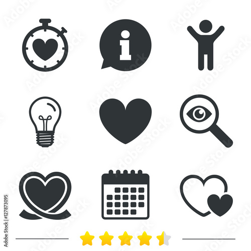Heart ribbon icon. Timer stopwatch symbol. Love and Heartbeat palpitation signs. Information, light bulb and calendar icons. Investigate magnifier. Vector