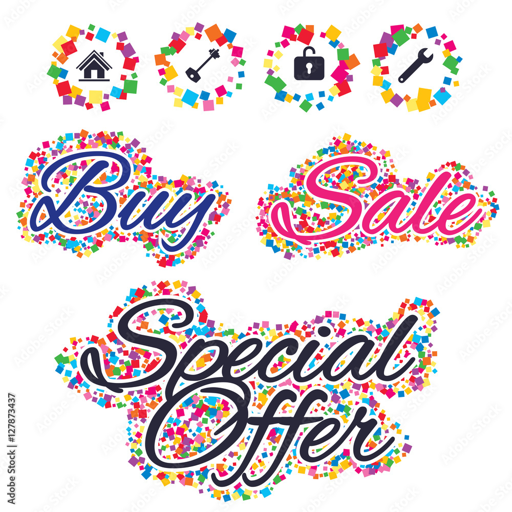 Sale confetti labels and banners. Home key icon. Wrench service tool symbol. Locker sign. Main page web navigation. Special offer sticker. Vector
