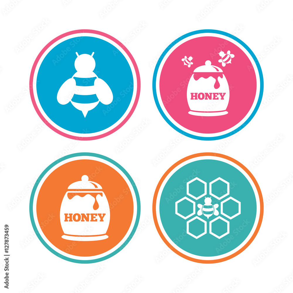 Honey icon. Honeycomb cells with bees symbol. Sweet natural food signs. Colored circle buttons. Vector Honey icon. Honeycomb cells with bees symbol. Sweet natural food signs. Colored circle buttons. Vector