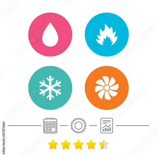 HVAC icons. Heating, ventilating and air conditioning symbols. Water supply. Climate control technology signs. Calendar, cogwheel and report linear icons. Star vote ranking. Vector