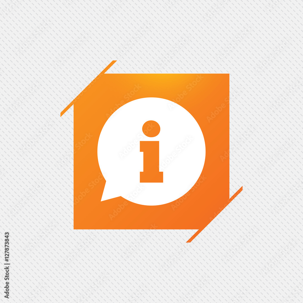 Information sign icon. Info speech bubble symbol. Orange square label on pattern. Vector Information sign icon. Info speech bubble symbol. Orange square label on pattern. Vector