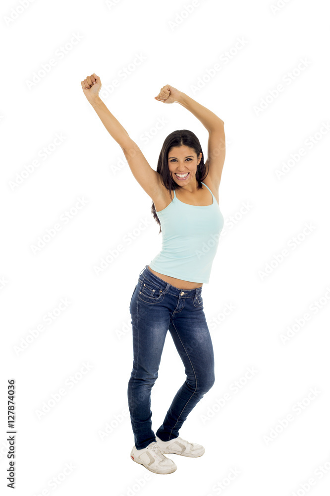 young attractive hispanic woman in casual top and jeans smiling happy and cheerful isolated young attractive hispanic woman in casual top and jeans smiling happy and cheerful isolated