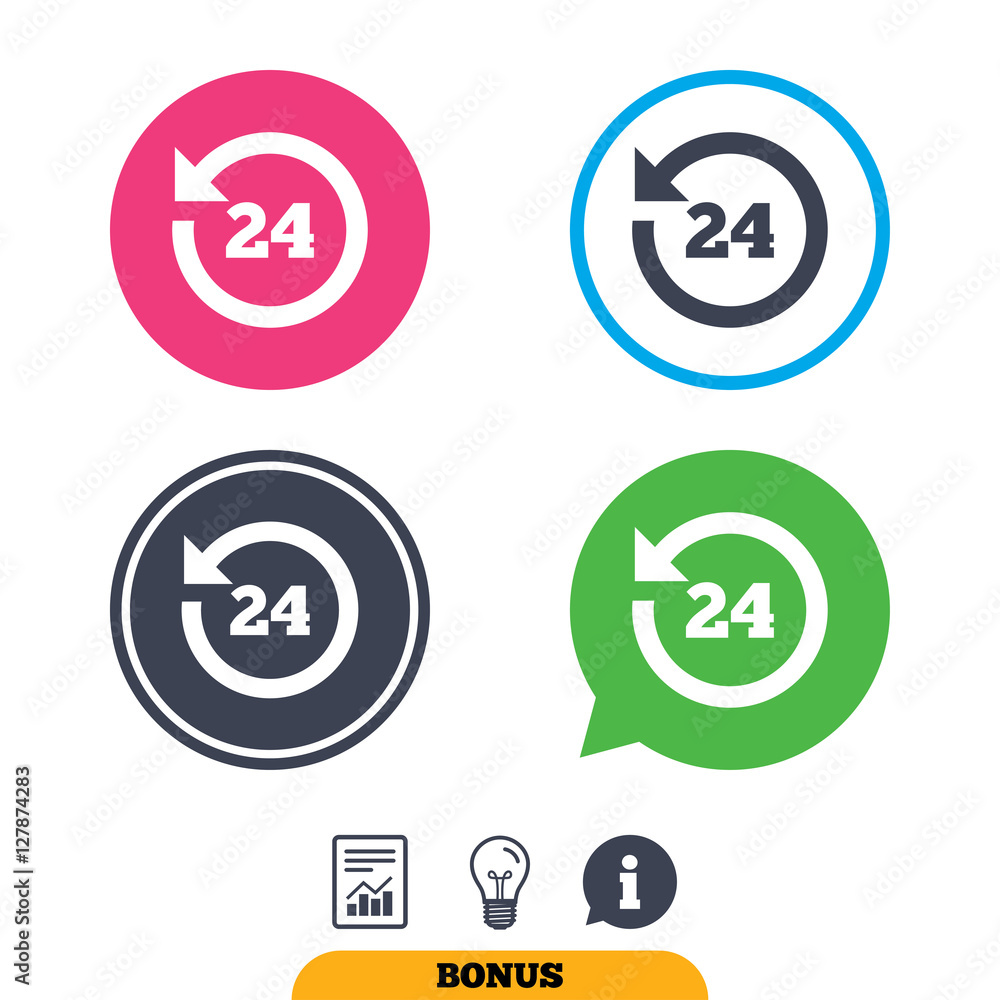 24 hours customer service. Round the clock support symbol. Report document, information sign and light bulb icons. Vector