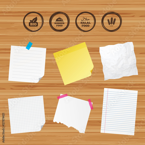 Business paper banners with notes. Natural Bio food icons. Halal and 100% Kosher signs. Gluten free agricultural symbol. Sticky colorful tape. Vector