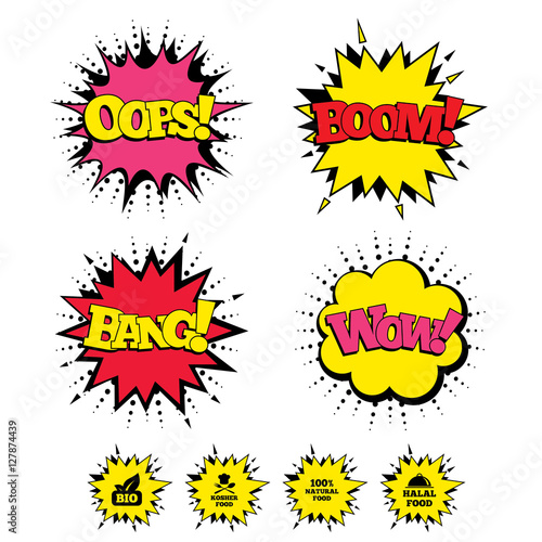 Comic Boom, Wow, Oops sound effects. 100% Natural Bio food icons. Halal and Kosher signs. Chief hat with fork and spoon symbol. Speech bubbles in pop art. Vector