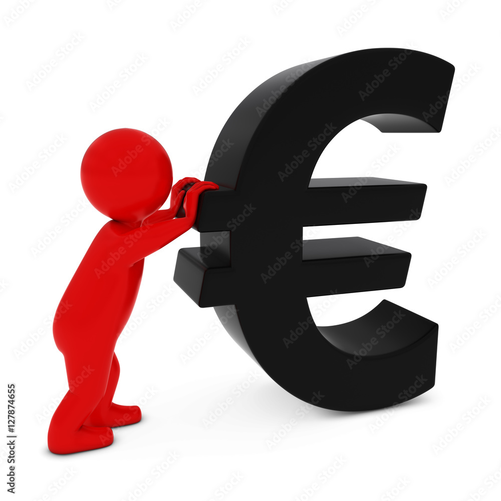 3D Man Character Pushing Black Euro Symbol 3D Illustration