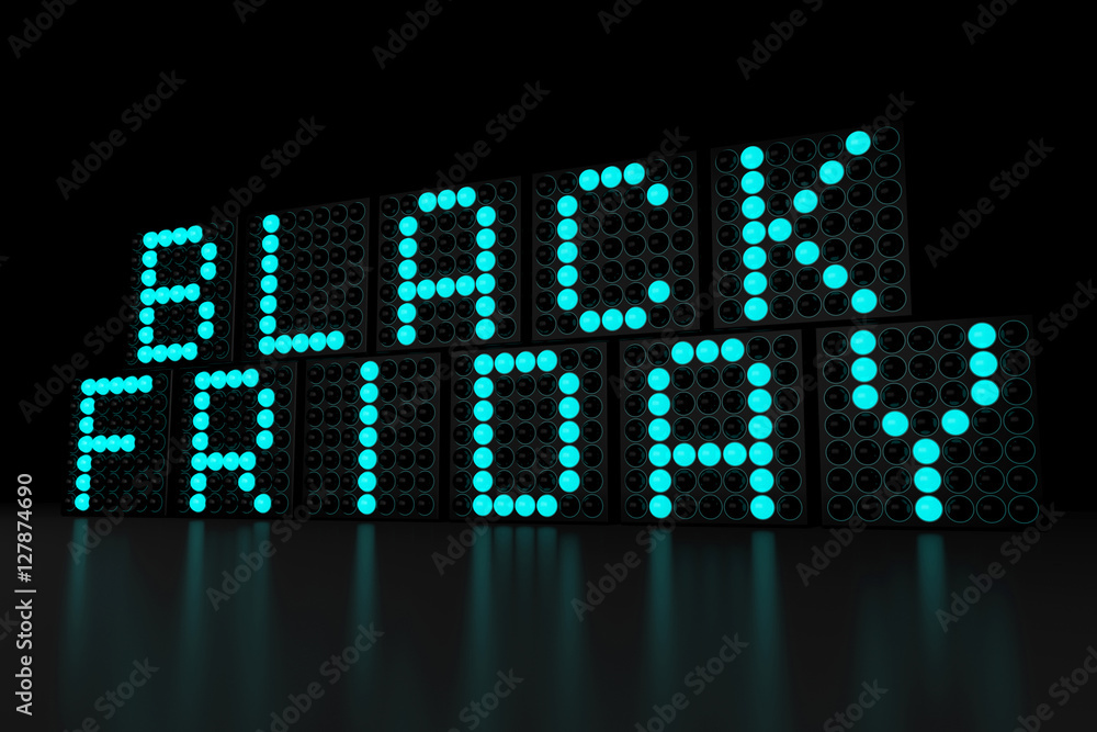 Black Friday blue LED display on dark background 3D render
