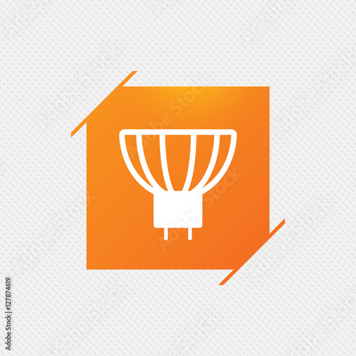 Light bulb icon. Lamp GU5.3 socket symbol. Led or halogen light sign. Orange square label on pattern. Vector photo