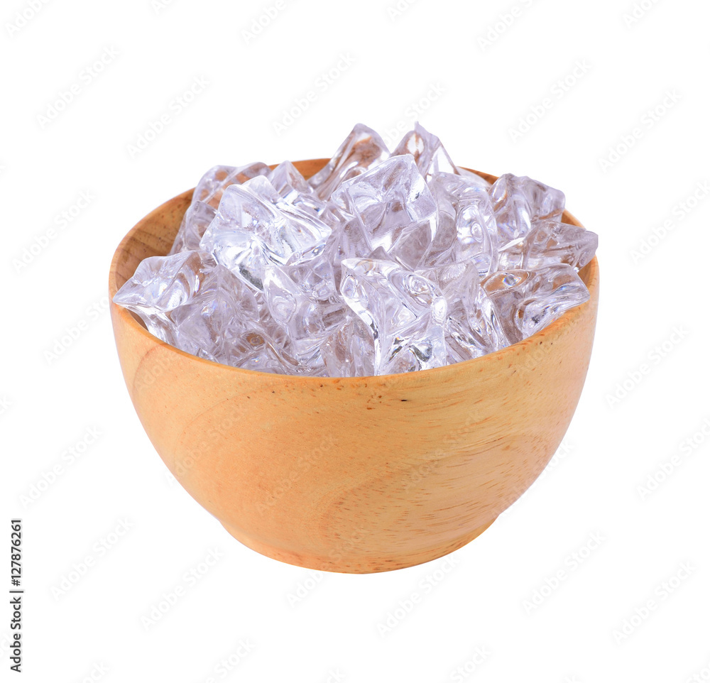 ice cubes in wooden bowl isolated on white background ice cubes in wooden bowl isolated on white background