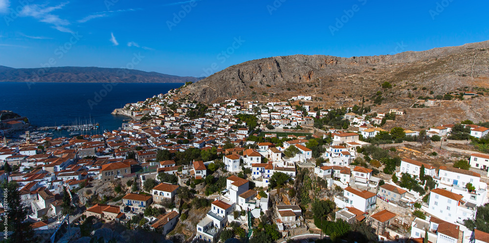 Panoramic view of Hydra island, Greece.