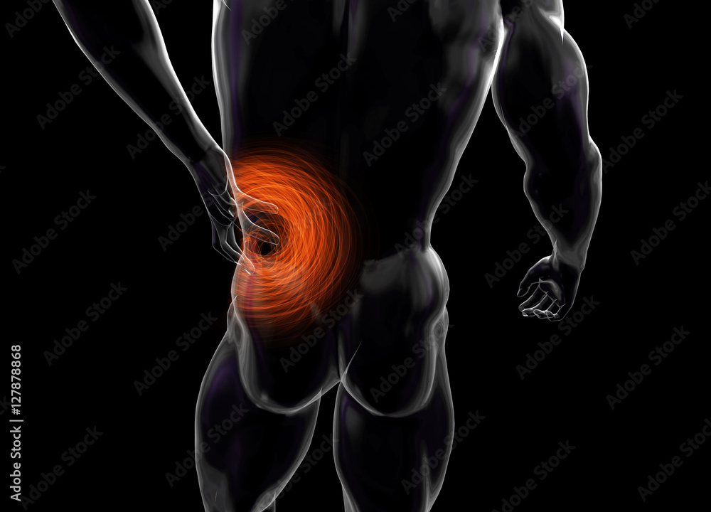 Male torso made of glass or bubble, pain in the back isolated on black background. 3d rendered medical illustration