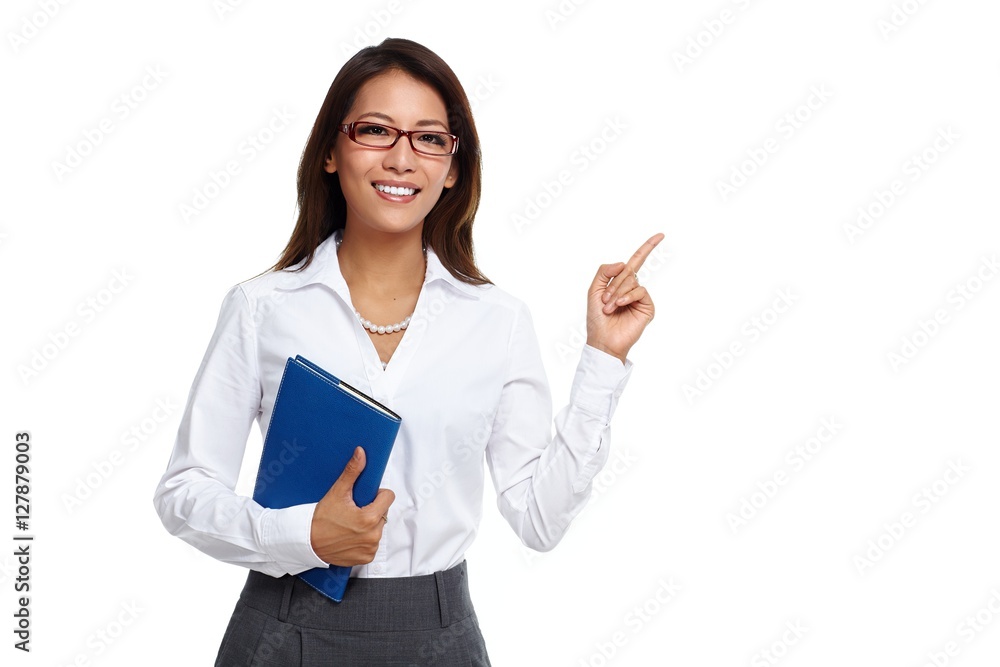 Asian business woman presenting copy space. Asian business woman presenting copy space.