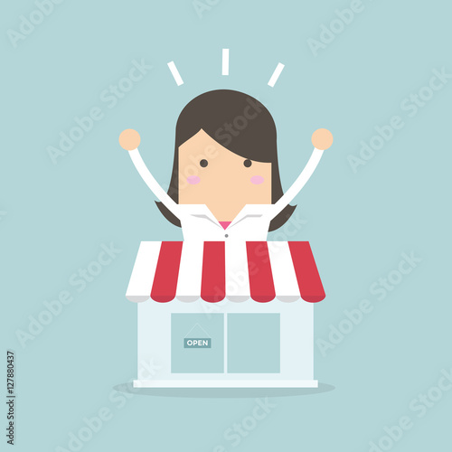 Businesswoman standing behind the shop vector