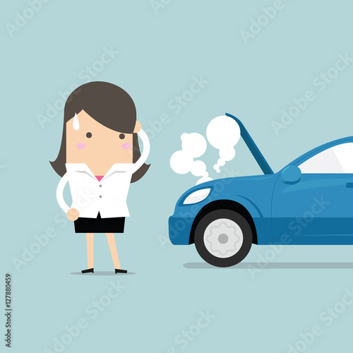Businesswoman have a force majeure, a car broke down. vector