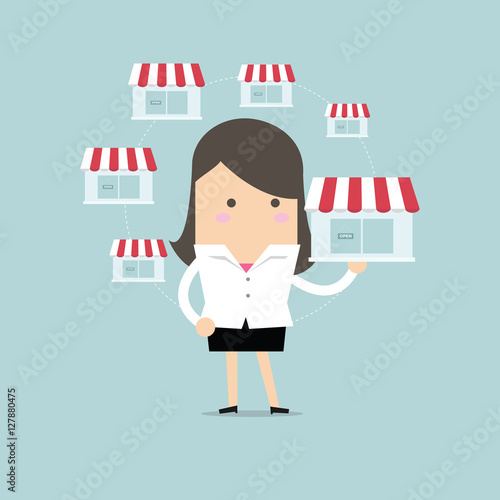 Businesswoman holding shop and money vector