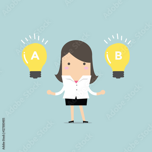 Businesswoman compares idea A to idea B. vector