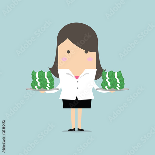Businesswoman serve money on the plate