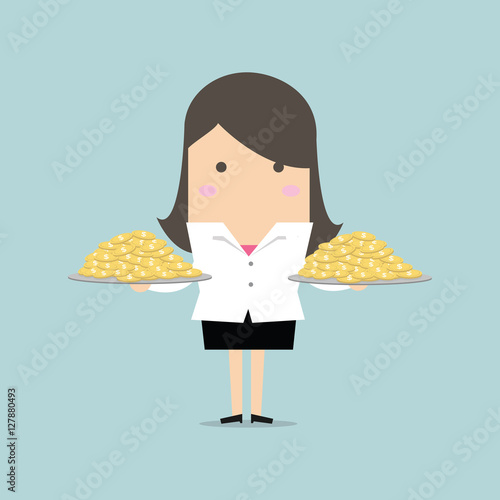 Businesswoman serve money coin on the plate