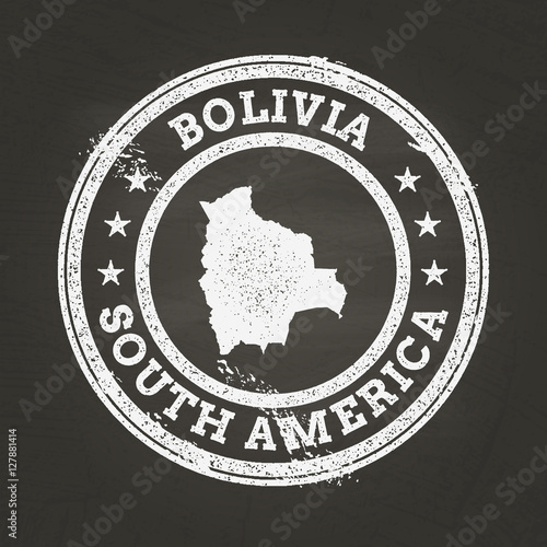 White chalk texture grunge stamp with Plurinational State of Bolivia map on a school blackboard. Grunge rubber seal with country map outline, vector illustration.