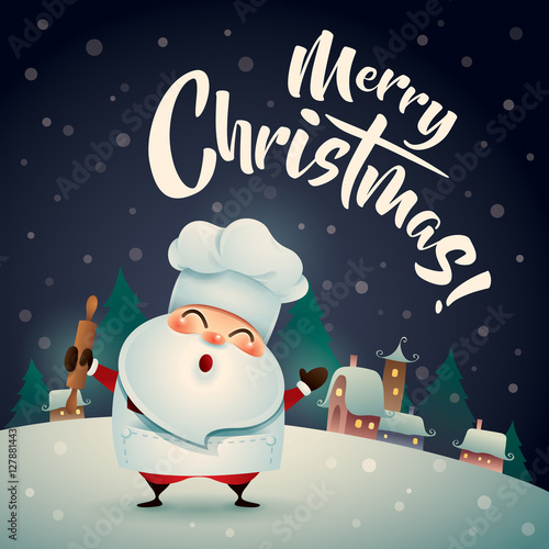 Merry Christmas! Santa Claus in Christmas snow scene. Christmas greeting card.