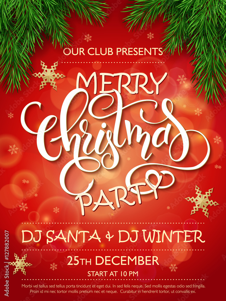 Vector merry christmas party poster with christmas fir-tree branches, golden stars and lettering greetings word - christmas, and snowflakes