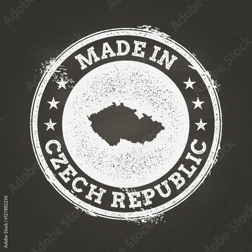 White chalk texture stamp of the Czech Republic map on a black schoolboard, illustrating a grunge rubber seal design.