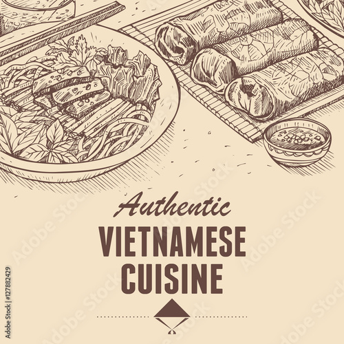 Hand drawn of Vietnamese fresh spring rolls and beef noodles