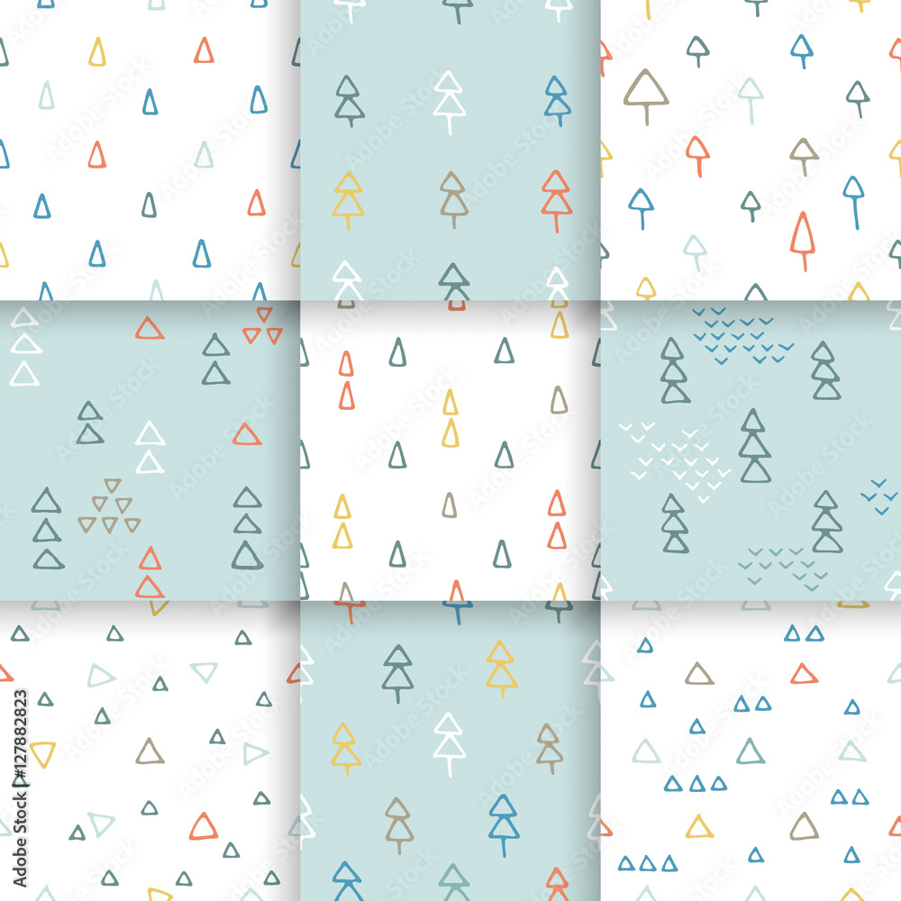 Fototapeta premium Scandinavian pattern with fir trees and triangles. Seamless winter patterns, hand drawn in black ink. Perfect for gift wrapping or printing on fabric.