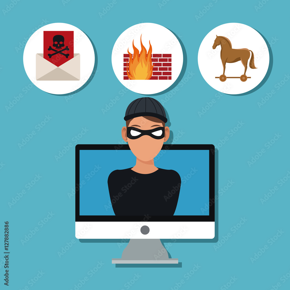Hacker and computer icon. Cyber security system warning and protection theme. Vector illustraton