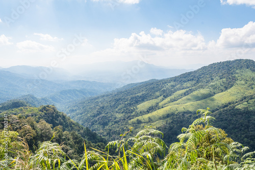 Beautiful mountains view with bright blue sky at Phu Soi Dao.