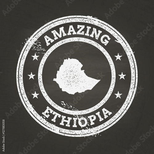 White chalk texture vintage stamp with Federal Democratic Republic of Ethiopia map on a school blackboard. Grunge rubber seal with country map outline, vector illustration.