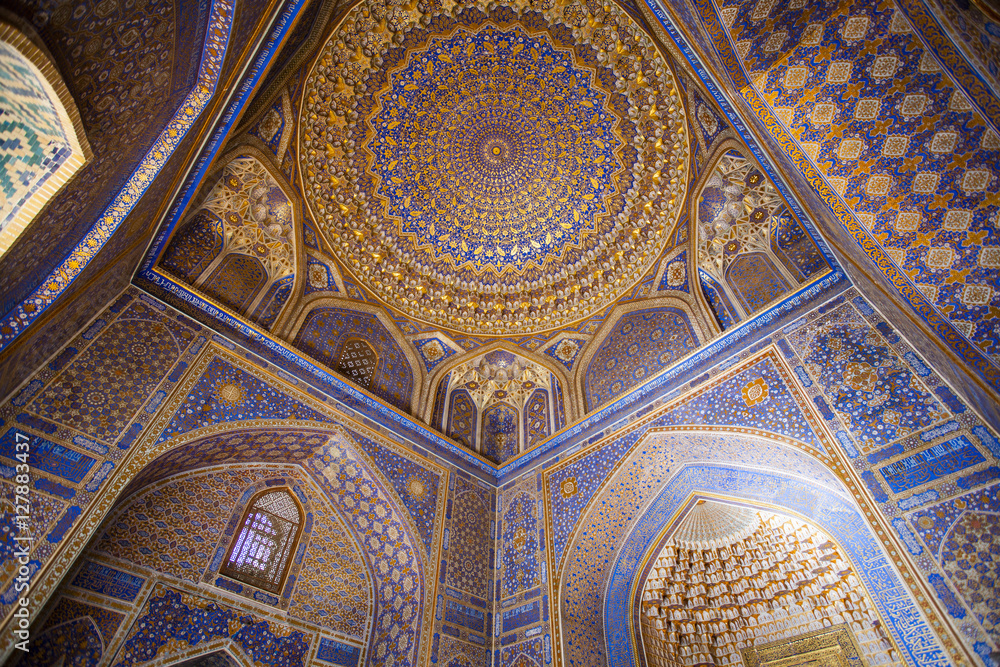 Interior of the mosque inside the Tilla-Kar at the Registan in Samarkand, Uzbekistan