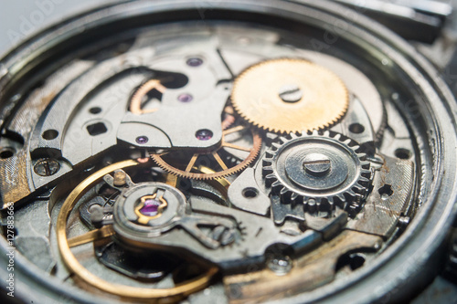 Detail of watch machinery on the table.