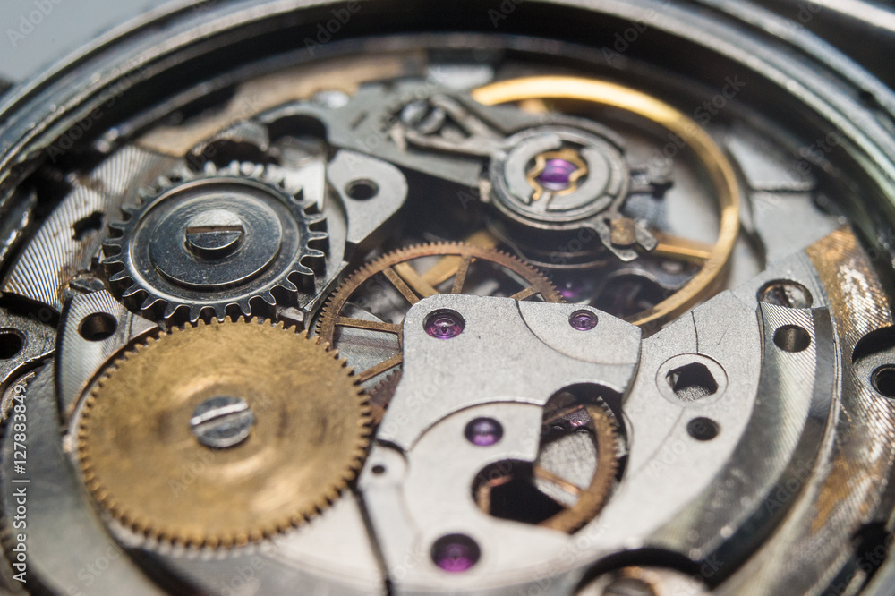 Detail of watch machinery on the table. Detail of watch machinery on the table.