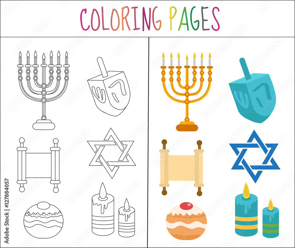 Coloring book page. Hanukkah set. Sketch and color version. Coloring