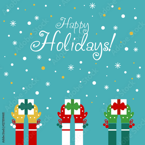 Christmas and New Year vector card with kids, snowflakes and clouds