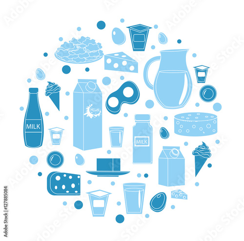 Dairy products icon set in round shape. Flat style. Dairy products isolated on white background. Milk and Cheese collection. Farm foods. Vector illustration