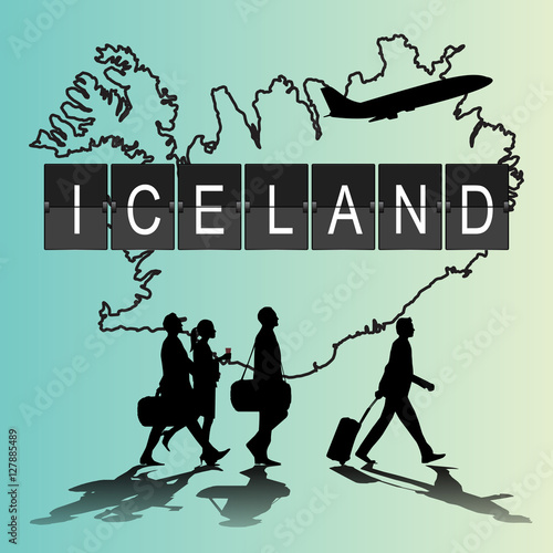 Infographic silhouette people in the airport for Iceland flight