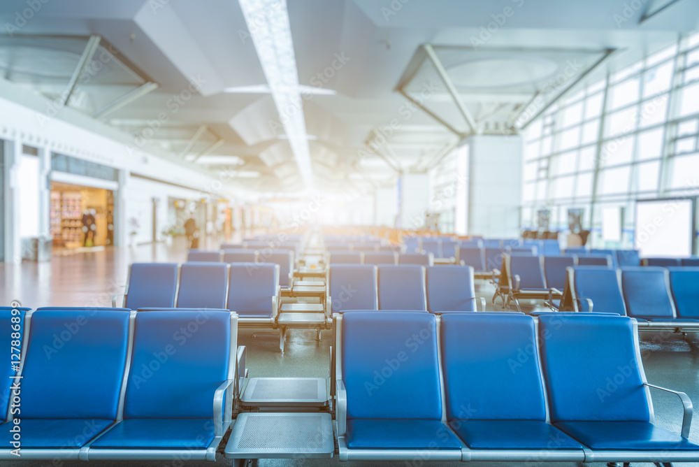 Fototapeta premium Rows of empty chairs at airport in city of China.