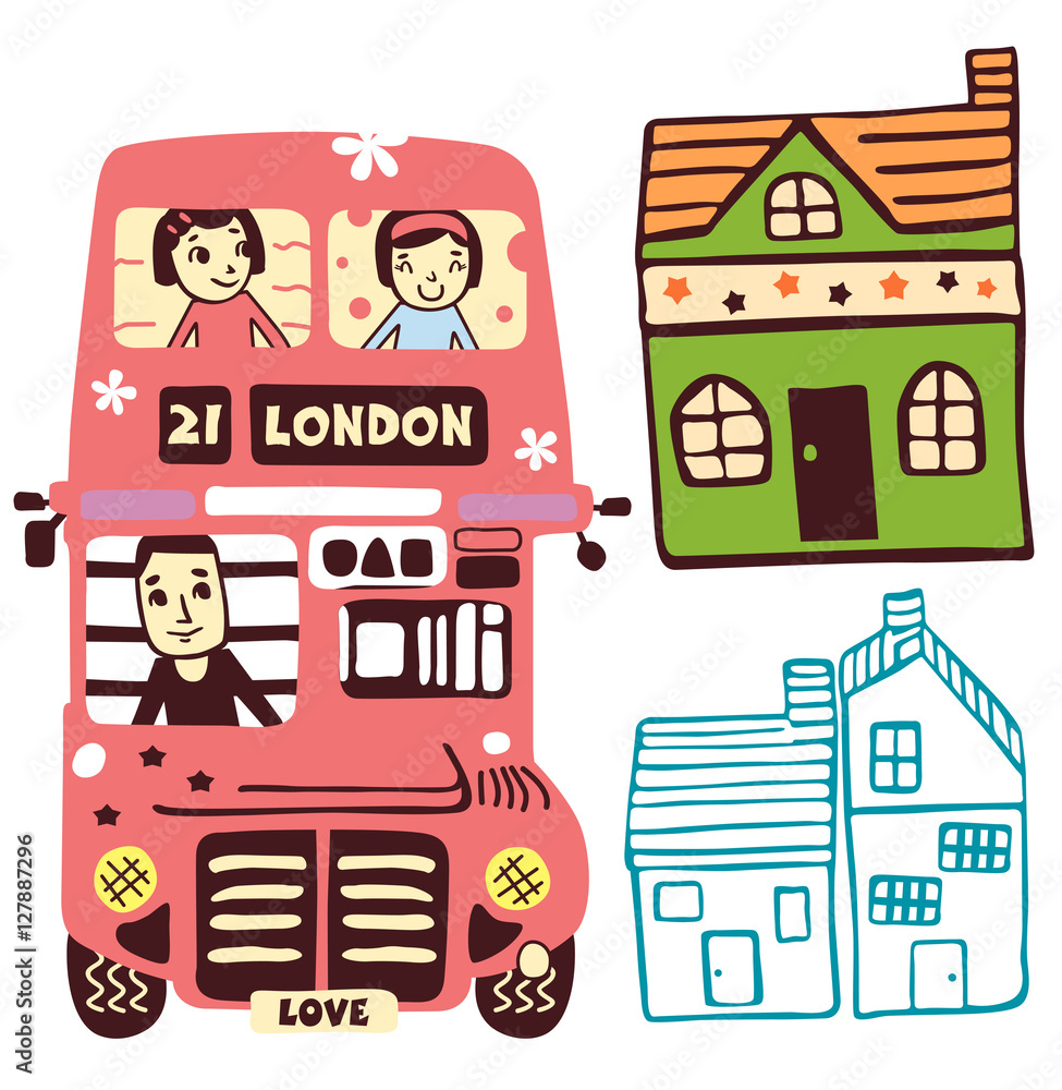 cute bus and home doodle vector