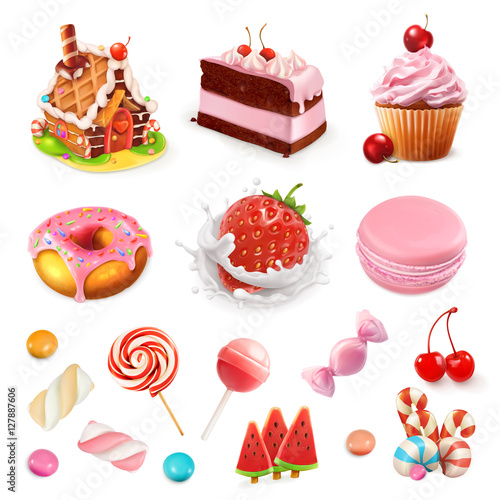 Confectionery and desserts. Strawberry and milk, cake, cupcake, candy, lollipop. Pink 3d vector icon set