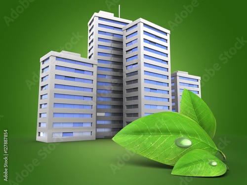 3d illustration of city over green background with green leaf