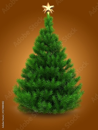3d illustration of green Christmas tree over orange background with golden star and star