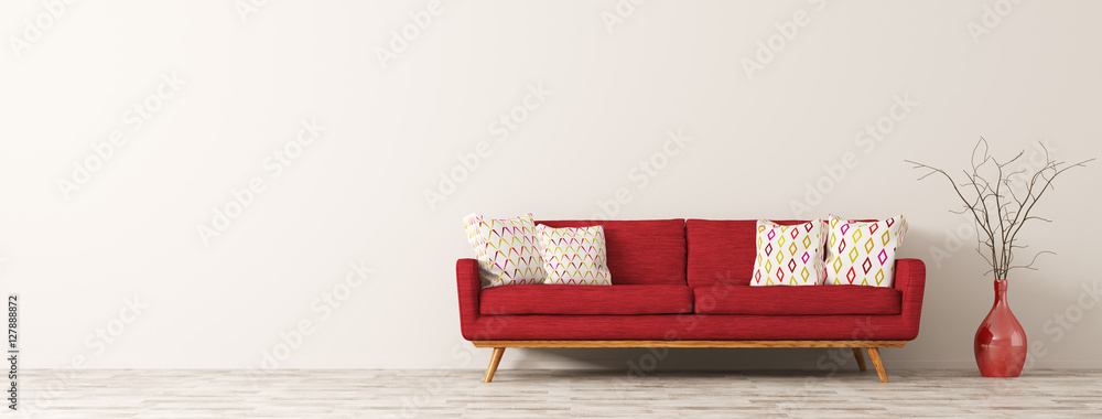Modern interior of living room with red sofa 3d render - obrazy, fototapety, plakaty 