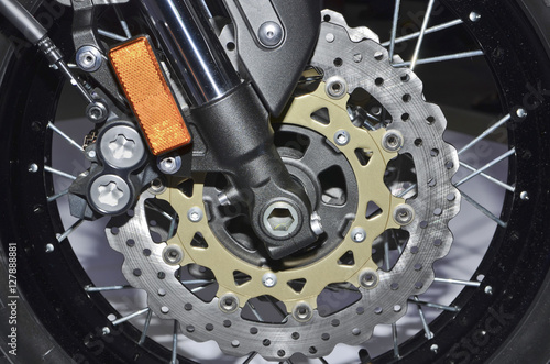 Close up motorcycle disc brake.