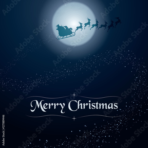 A vector illustration of Santa flying his magical sleigh leaving a trail of stars with "Merry Christmas" at the bottom-center.