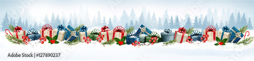 Holiday Christmas background with colorful gift boxes. Vector.
