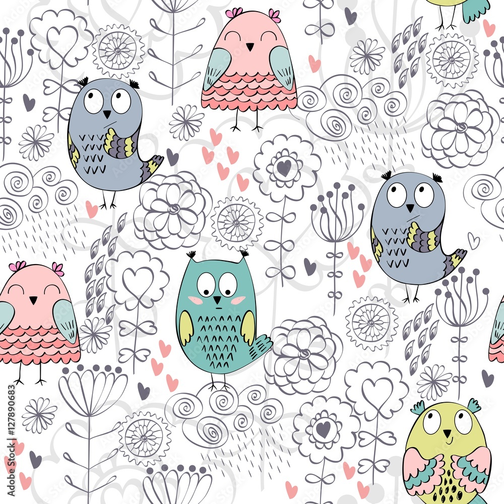 Fototapeta premium Vector seamless pattern with owls and flowers